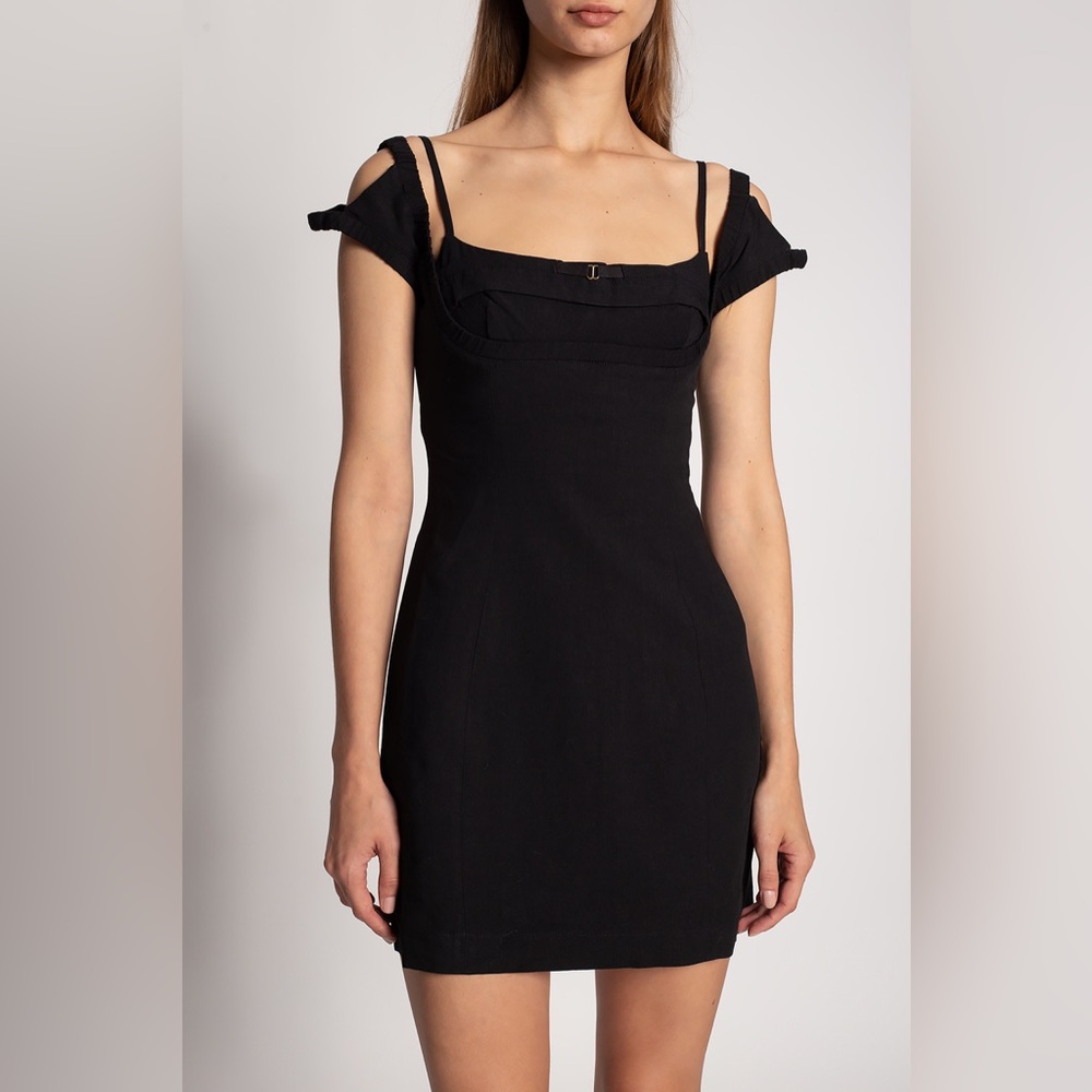 Jacquemus La Robe Kibo Black Linen Cutout Corset Bustier Sleeveless Mini Dress